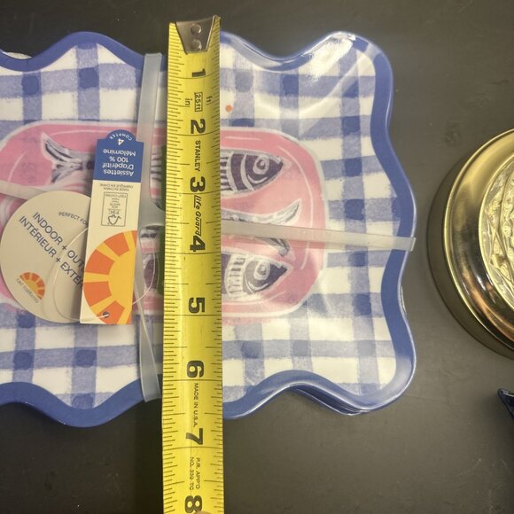 Set Of 4 C&C Cali Assorted SARDINES Melamine Appetizer Plates Nautical Blue - Picture 6 of 7